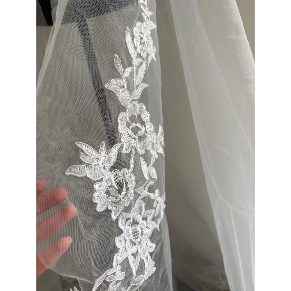 Cathedral Length veil‎ Floral Lace Appliqué Bridal Cape White Tulle 110" long - Picture 2 of 6